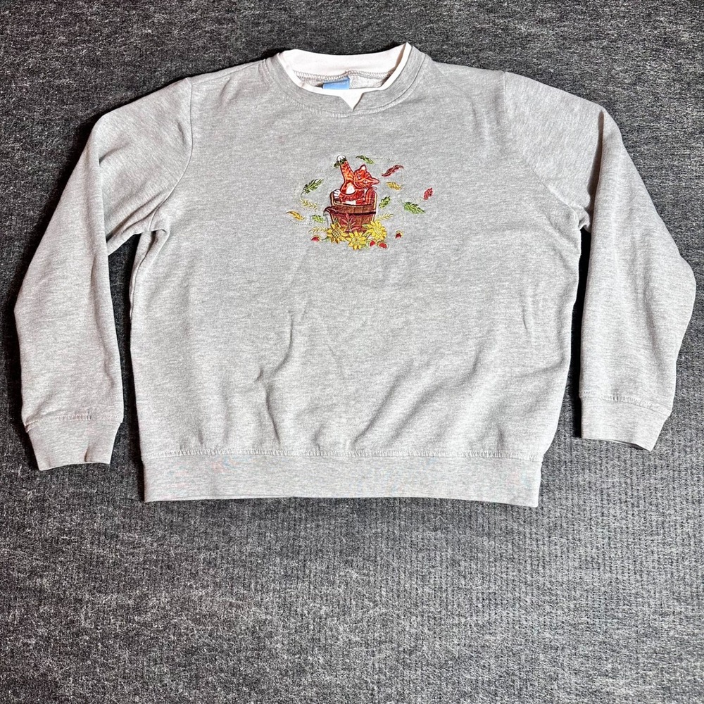 Vintage Comfort Corner Gray Cat Embroidered Sweatshirt Crew-neck Women Large L